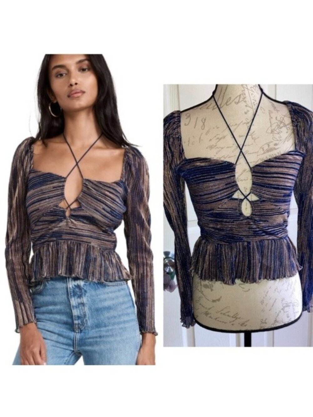 Saylor Navy Blue & Gold Metallic Mesh Lace-Up Blouse